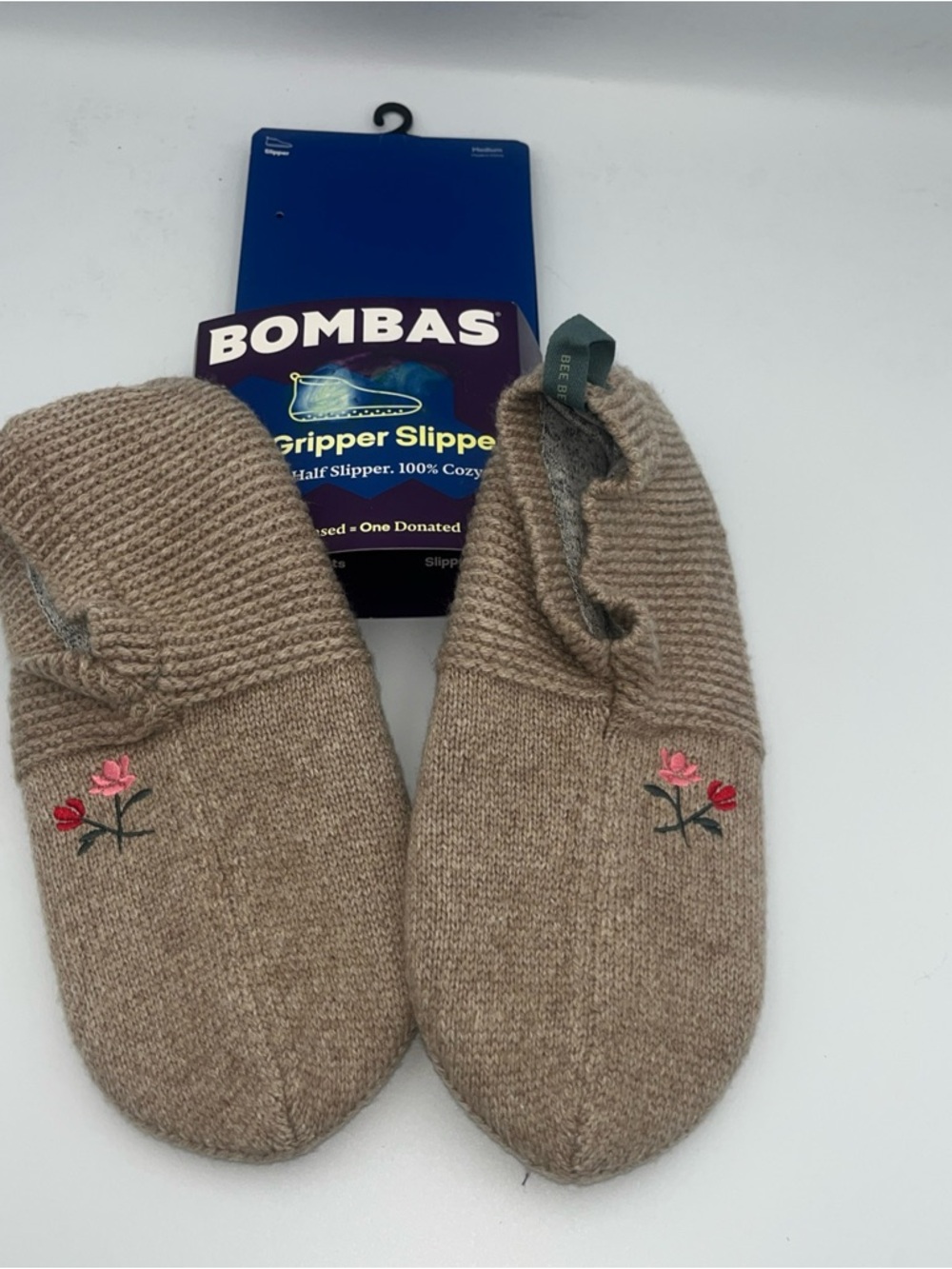 Bombas Tan Cozy Gripping Slippers with Pink & Red Flower Embroidery Medium